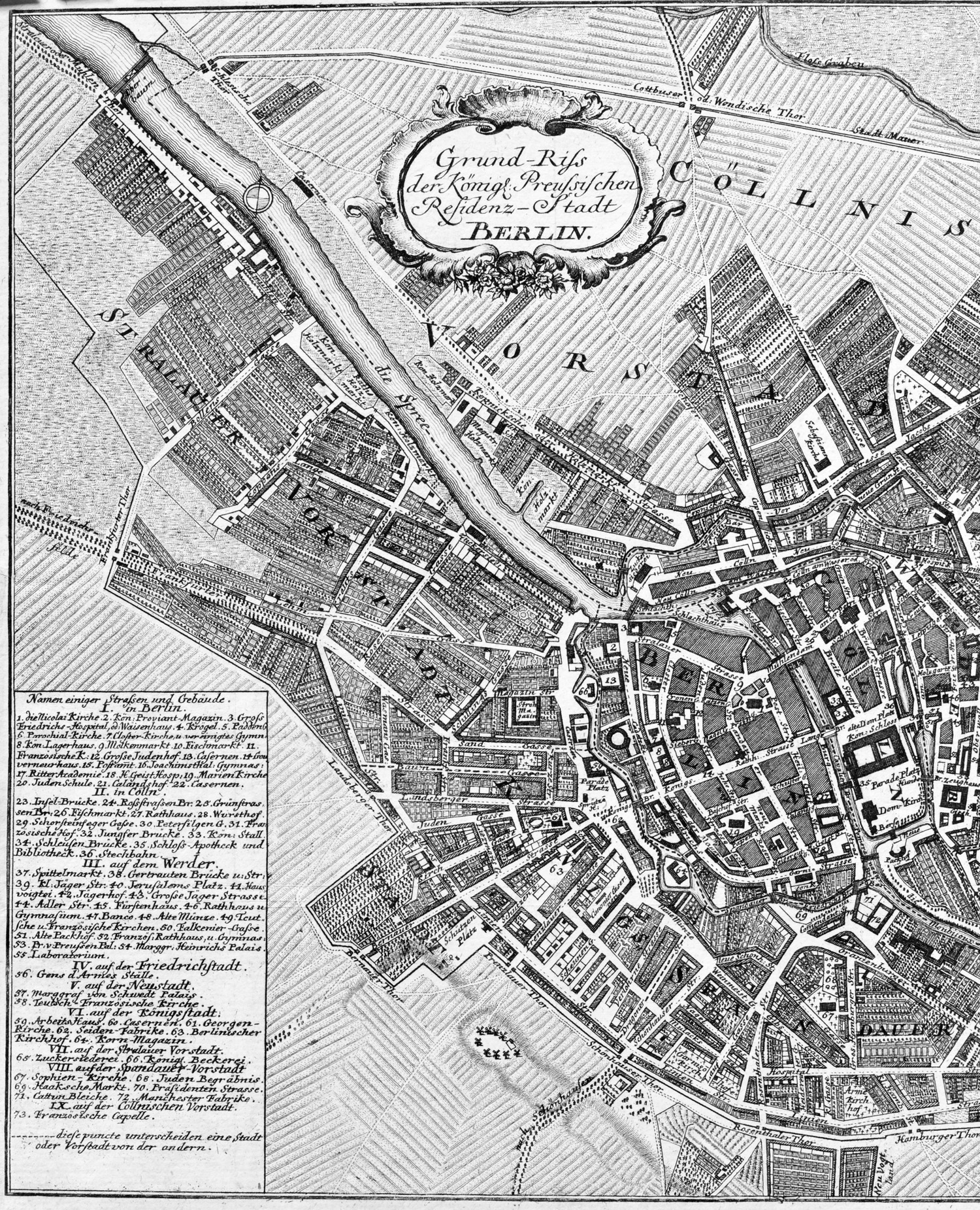 Berlin Stadtplan 1769, aus der ersten Beschreibung Berlins von Friedrich Nikolai: Grund-Riss der Königl: Preussischen Residenz-Stadt Berlin. 
					Berlin, Nicolai, 1769; Kupferstichplan nach Schleuen; 1. Bild: linke Hälfte des Planes