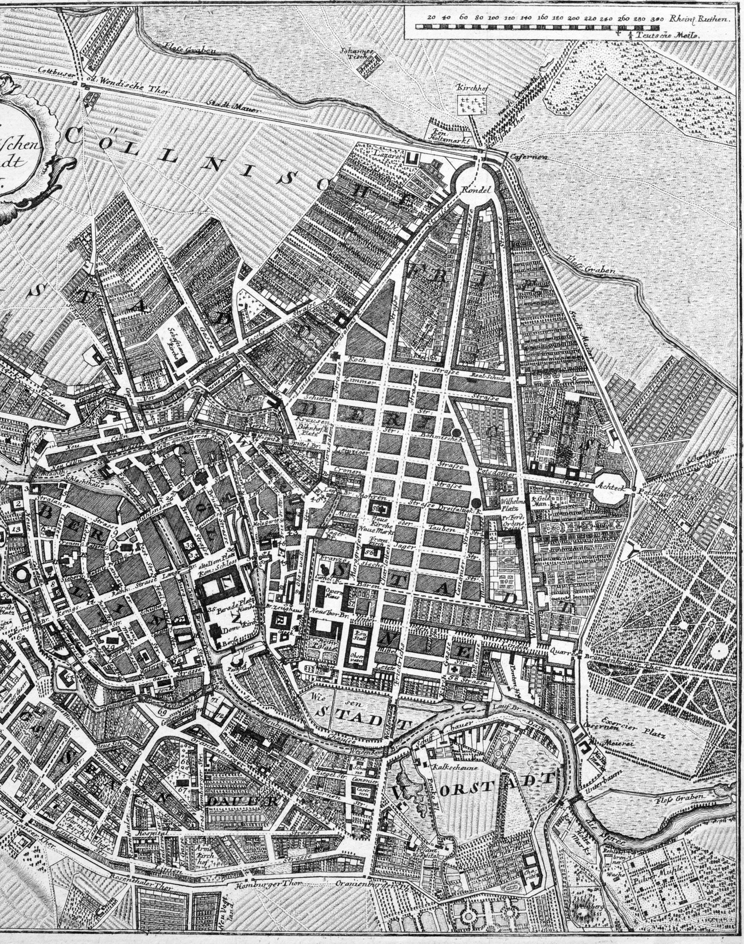 Berlin Stadtplan 1769, aus der ersten Beschreibung Berlins von Friedrich Nikolai: Grund-Riss der Königl: Preussischen Residenz-Stadt Berlin. 
					Berlin, Nicolai, 1769; Kupferstichplan nach Schleuen; 2. Bild: rechte Hälfte des Planes