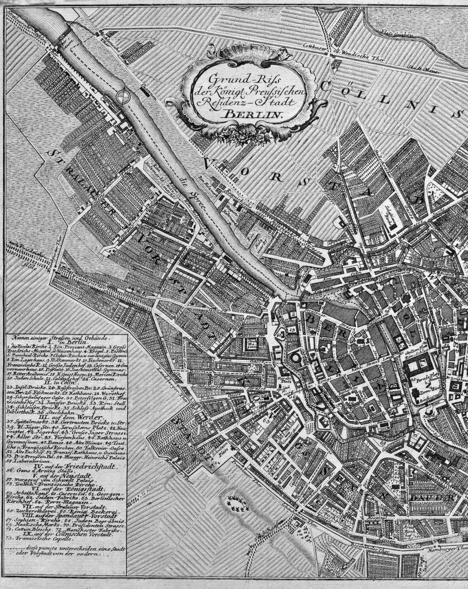 Berlin  city map 1769, 1. part, left part ot the city map: 
						Stralauer Vorstadt Königsvorstadt, Berlin und Cölln