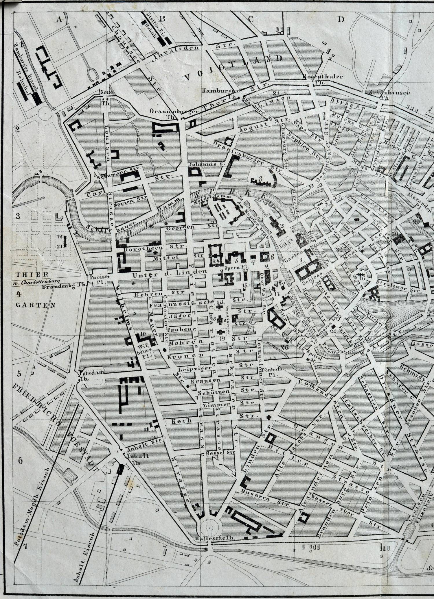 Berlin Stadtplan 1853, 1. Bild, linkes Plandrittel: Friedrichs Vorstadt, Tiergarten, Voigtland, Mitte