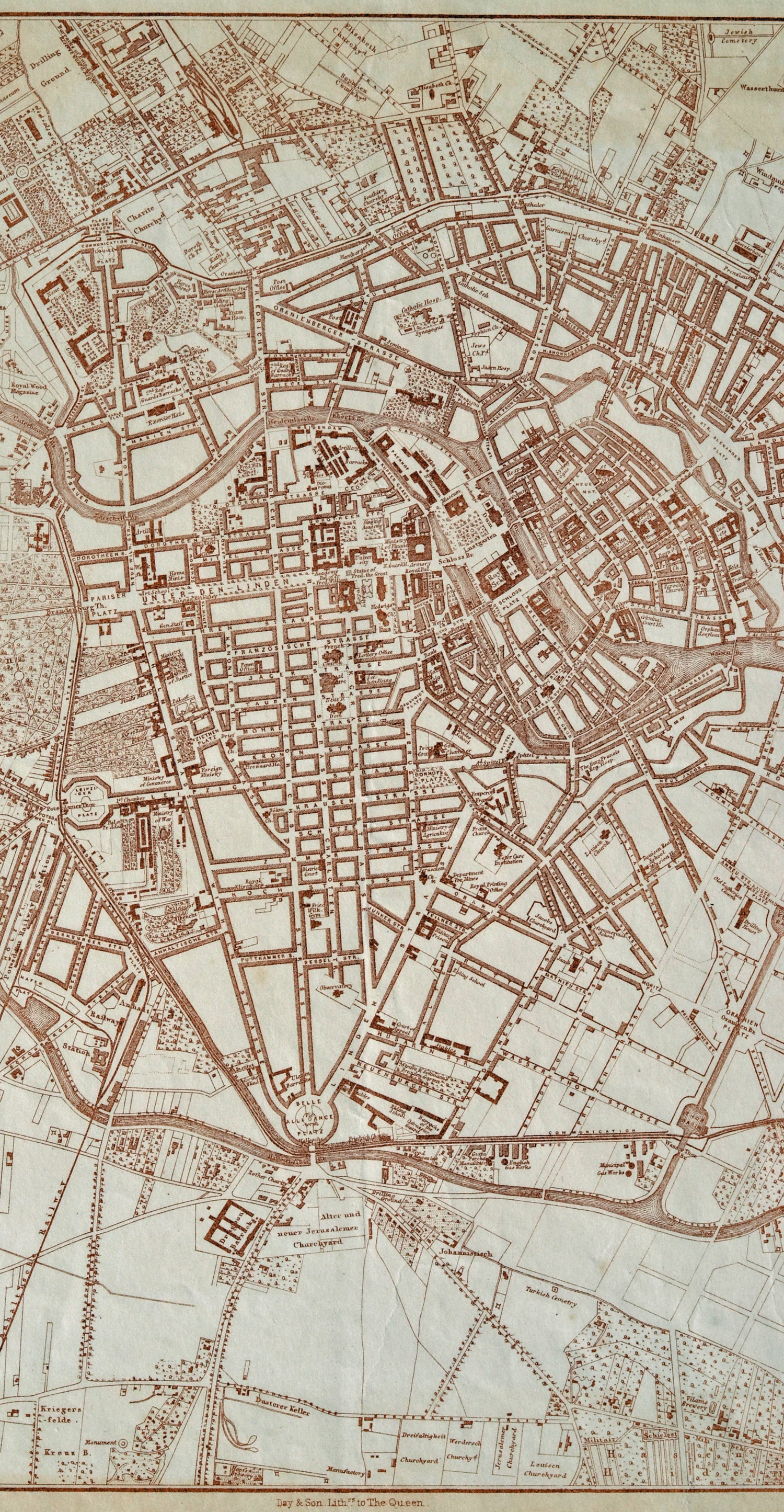 Berlin Stadtplan 1857, 2. Bild, mittleres Plandrittel:   Mitte mit Berlin und Cölln, Friedrichstadt, Dorotheenstadt, Spandauer Vorstadt, Kreuzberg