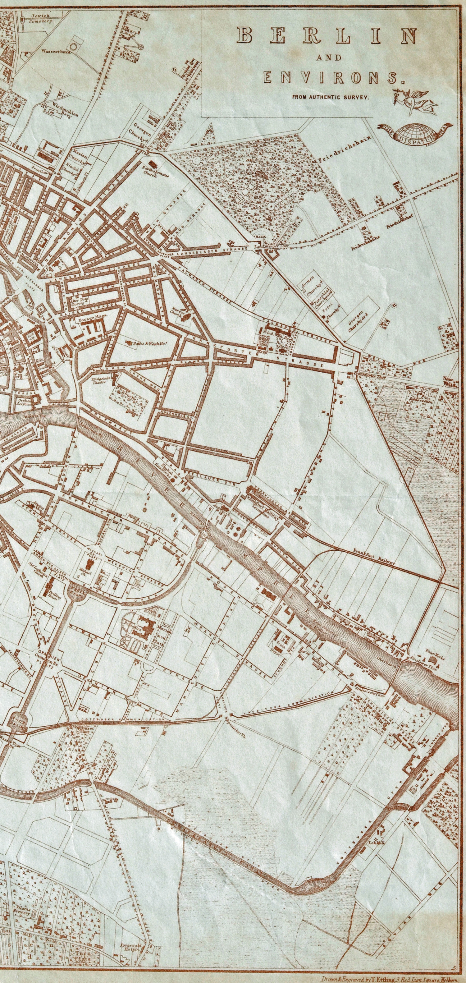 Berlin Stadtplan 1857, 3. Bild, rechtes Plandrittel: Prenzlauer Berg, Friedrichshain, Luisenstadt
