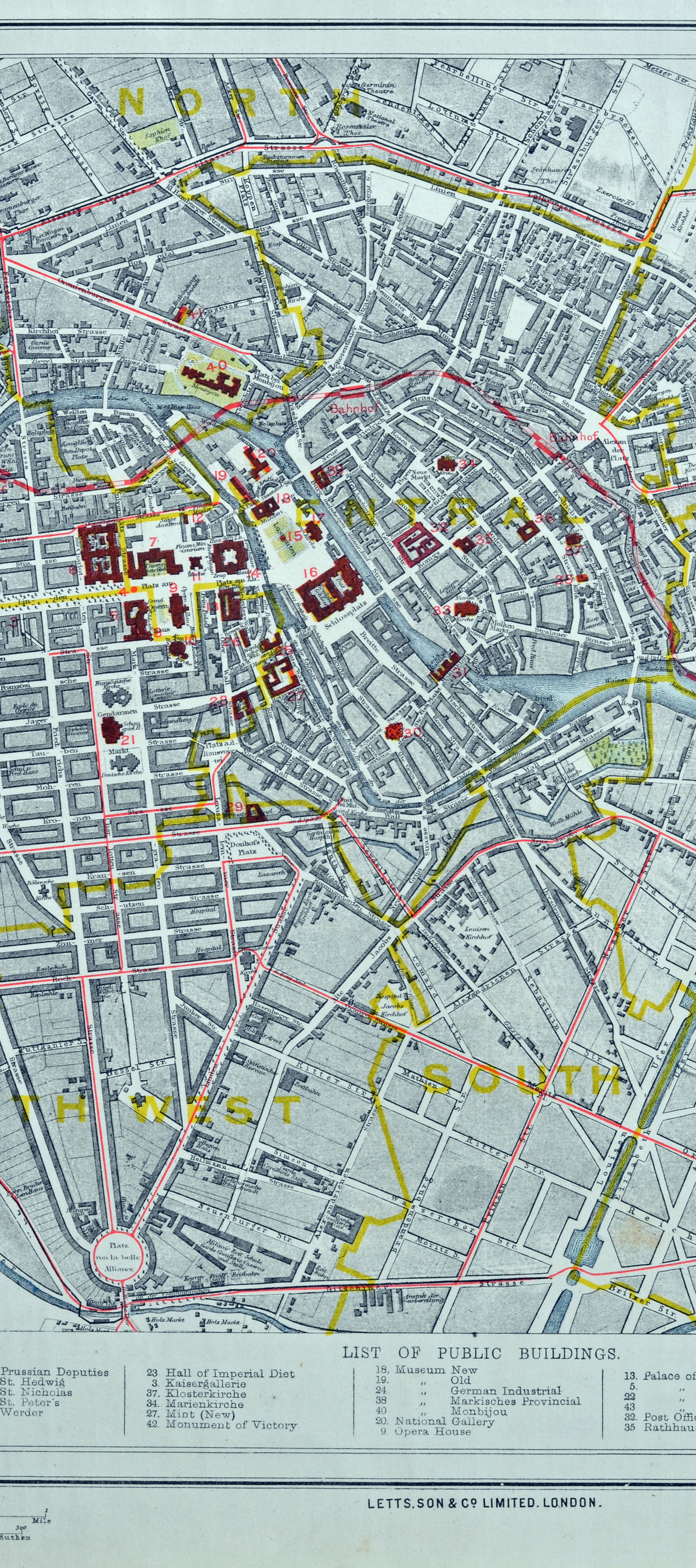 Berlin city map 1862, 2. part, centre part with the districts:  North, Central, Southwest, South
