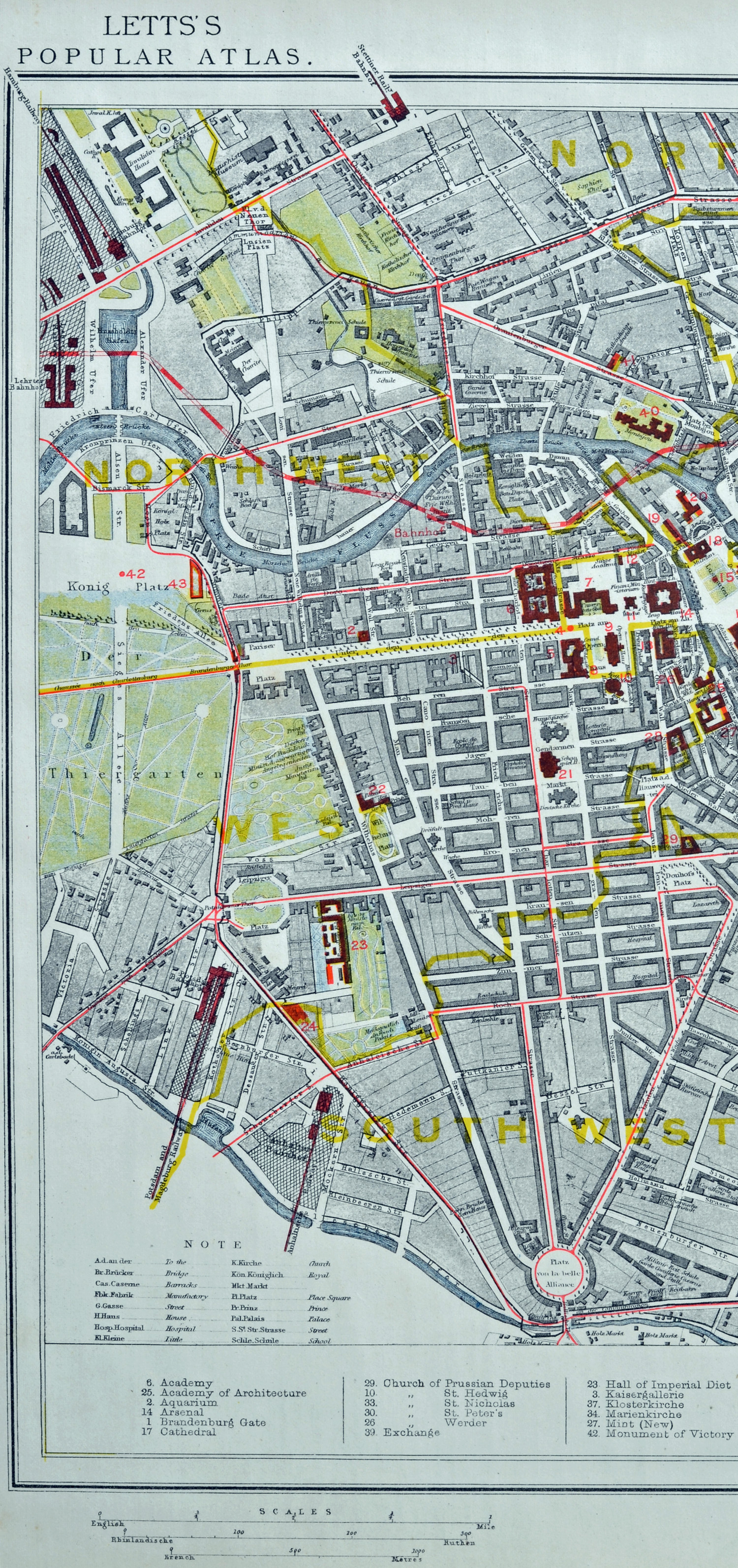 Berlin city map 1862, 1. part, left part of the city map with the post districts: North, Northwest, West, Southwest